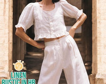 Summer Crop Top And Pants, Linen Shirt Women, Button Front Blouse, Short Sleeve Top, Relax Fit High Waist Pants, Wide Leg Pants, Linen Set