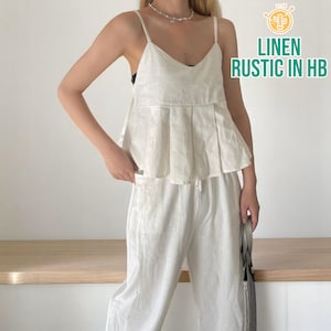 Linen Cami Top And Pants Set, Summer Linen Set, V Neck Top, Sleeveless Shirt, Elastic Waist Women Pants, Summer Wide Leg Pants, Matching Set