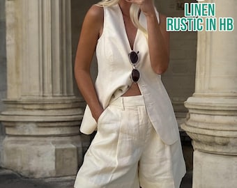 Summer Women Vest And Shorts, Linen Tank Top, Women Bermuda Shorts, Suit Vest, Button Up Top, Linen Set Clothing, Two Piece Matching Set Top