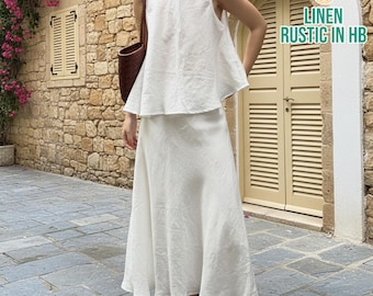 Summer Loose Linen Top And Flared Skirt, Women Maxi Skirt, Sleeveless Tank Top, Elastic Waist Skirt, Summer Blouse Shirt, Resort Women Set