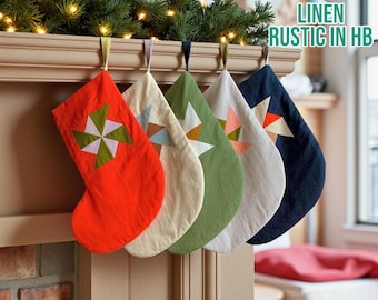 リネン製キツネ刺繍クリスマスストッキング 素朴なリネンのクリスマスストッキング、パーソナライズされた