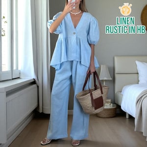 Frauen Leinen Sommer Set, Kurzarm Top und Hose mit weitem Bein, Top mit V-Ausschnitt, Top mit Knopfleiste, Hose mit hoher Taille, Palazzohose, zweiteiliges Set