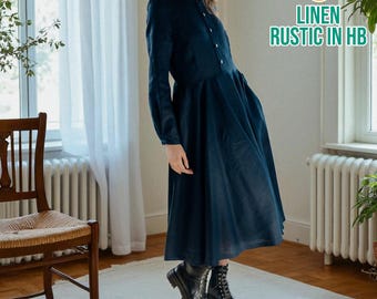 Midi Linen Dress, Long Sleeve Dress, Round Neck Dress, Button Front Dress, Loose Dress, A Line Dress, Pocket Dress, Vintage Romantic Dress