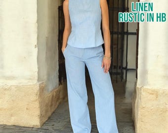 Summer Linen Top And Pants Set, Open Back Top, Wide Leg Pants, Women Sleeveless Shirt, High Waist Trousers, Women Matching Set,Summer Outfit