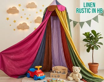 Striped Bed Canopy, Nursery Baby Cot Canopy Decor, Colorful Hanging Canopy, Linen Kid Canopy, Montessori Canopy Tent, Kid Indoor Play Tent