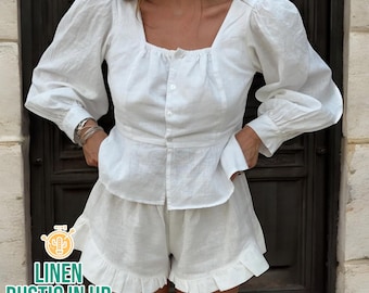 Long Sleeves Top And Short Set, Summer Linen Set, Women Square Neck Blouse, Button Front Shirt, High Waist Shorts, Wide Leg Shorts,Linen Pjs