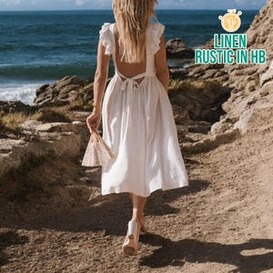 Summer Beach Linen Dress, Open Back Midi Dress, Tie Waist Dress, Loose Linen Dress, Long Dress, Sleeveless Sun Dress, Boho Vintage Dress