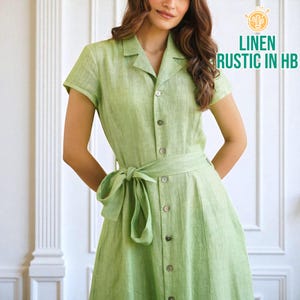 Button Front Shirt Dress, Linen Dress, Short Sleeve Summer Dress, Dress With Belt, Shirt Collar Dress, Relaxed Fit Midi Dress, Long Dress
