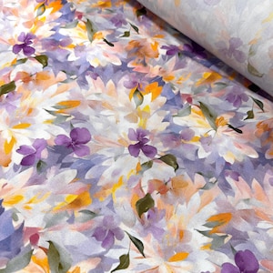 Tecido de viscose com estampa de flores de jardim violeta por metro - Fabricania, macio e durável, vibrante, 100% viscose, 152 cm de largura