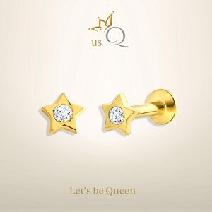 Gold Star Cartilage Earring with Center Stone - Minimalist Flat Back Tragus Jewelry - Dainty Handmade Ear Stud - Gift for Her