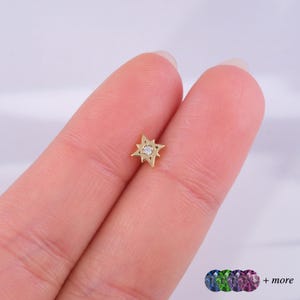 Gold Double Star Cartilage Earring with Center Stone - Minimalist Flat Back Tragus Jewelry - Dainty Handmade Ear Stud - Gift for Her