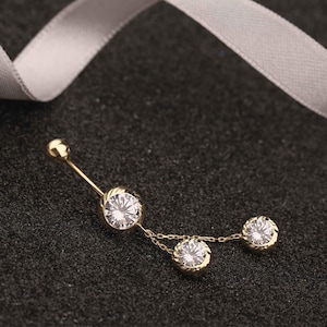 14K Gold Dangle Belly Button Piercing With Round Stone - Belly Button Hoop - Belly Button Rings - Navel Piercing - Belly Ring -Gift for Her