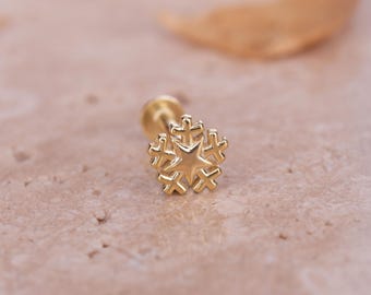 Gold Snowflake Cartilage Earring: Minimalist Flat Back Tragus