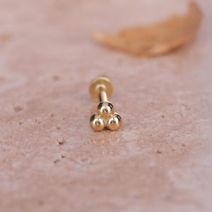 Gold Triple Ball Cartilage Earring - Minimalist Flat Back Tragus Jewelry - Dainty Handmade Ear Stud - Unique Gift for Her -  Birthday Gift