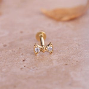 Gold Bow Tie Tragus Piercing - Elegant Flat Back Earring - Dainty Handmade Cartilage Jewelry Gift for Her - Minimalist Bow Stud