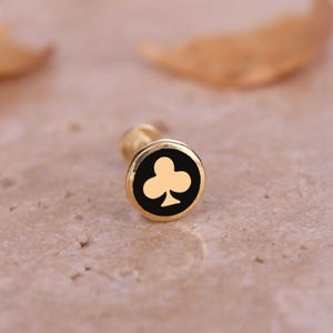 Gold Enamel Club Stud Earrings - Minimalist Flat Back Tragus Jewelry, Handmade Gift for Card Game Fans, Elegant Birthday Present for Her
