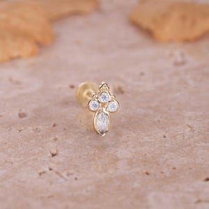 Gold Tragus Earring with Marquise and Round Stones - Dainty Flat Back Cartilage Jewelry - Perfect Gift for Her or Special - Gift for Mom