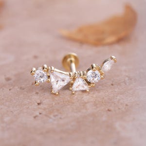 Minimalist Flat Back Earring - Cartilage Earring - Triangle and Round Stones - Handmade Jewelry Gift for Her - Valentine Day Gold Jewelry
