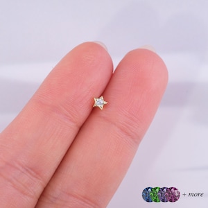 Gold Star Cartilage Earring with Center Stone - Minimalist Flat Back Tragus Jewelry, Dainty Handmade Ear Stud - Gift for Her, Silver Earring