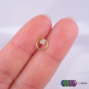 Gold Circle Heart Cartilage Earring with Stones - Minimalist Flat Back Tragus Jewelry, Dainty Handmade Ear Stud, Gift for Her, Birthday Gift