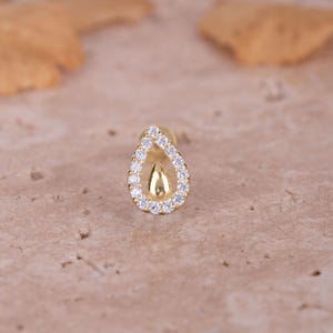 Gold Pear Cartilage Earring - Dainty Tragus Piercing Jewelry, Sparkling Helix Flat Back Stud Gift for Her, Handmade Ear Stud, Valentine Gift