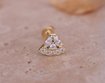 Tragus Cartilage Earring: Gold Pizza Slice with Sparkling Stones - Flat Back