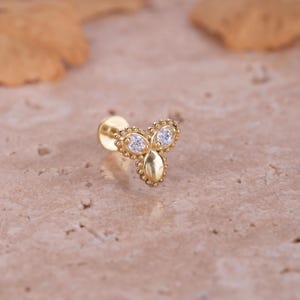 Gold Triangle Cartilage Earring with Beaded Design and Stones - Minimalist Flat Back Tragus Jewelry - Gift for Her - Handmade Ear Stud
