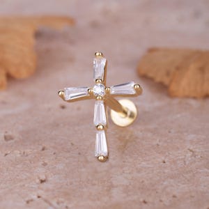 Gold Cross Cartilage Earring - Dainty Minimalist Flat Back Tragus Jewelry - Handmade Ear Stud with Stones - Unique Gift for Her