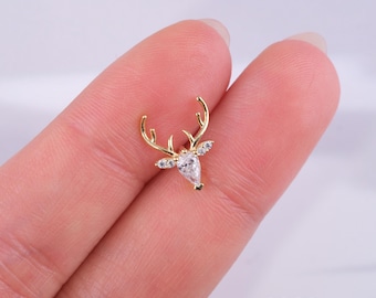 Gold Deer Cartilage Earring - Dainty Minimalist Antler Flat Back Piercing Jewelry - Handmade Gift for Her - Unique Animal Ear Stud
