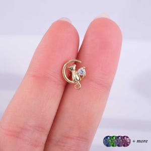 Gold Cat Crescent Moon Cartilage Earring - Flat Back Earring Jewelry, Handmade Jewelry Gift for Her, Mothers Day Gift, Valentine Day Gift
