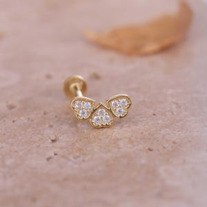 Triple Heart Gold Cartilage Stud - Flat Back Earring - Dainty Helix Piercing Jewelry - Zirconia Tragus Stud - Unique Valenitne Gift for Mom