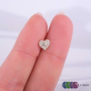 Gold Heart Pave Cartilage Stud - Sparkling Tragus Piercing - Falt Back Earring - Zirconia Helix Jewelry - Romantic Valenitne Gift for Her