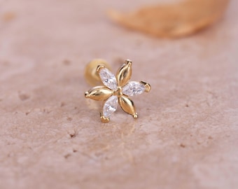 Floral Gold Cartilage Earring -  Marquise Zirconia Helix Tragus Piercing Jewelry - Dainty Flower Stud - Gift for Her - Elegant Ear Accessory