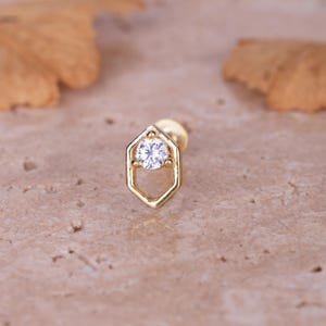 Gold Hexagon Cartilage Earring with Round Stone - Minimalist Flat Back Tragus - Handmade Gift for Her - Mother Day Gift - Valentine Gift