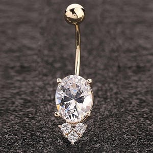 Belly Button Piercing With Oval Stone - Navel Piercing - 14K Gold Belly Button Hoop - Belly Button Rings - Belly Ring - Gift for Her