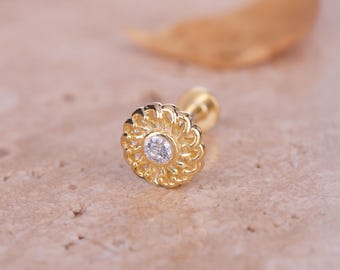 Gold Flower Cartilage Earring - Dainty Flat Back with Stone