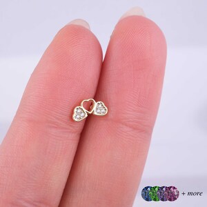 Triple Heart Gold Cartilage Stud - Flat Back Earring - Dainty Helix Piercing Jewelry - Zirconia Tragus Stud - Unique Valenitne Gift for Her