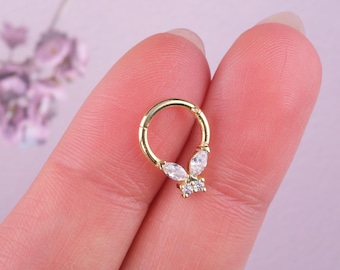 Gold Butterfly Septum Ring: Dainty Cartilage Hoop with CZ