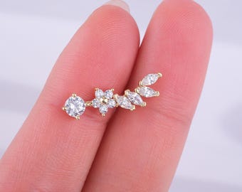 Minimalist Gold Cartilage Earring, Leaf with Marquise Stones