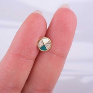 Gold Mosaic Tragus Stud Earring with Turquoise and White Enamel - Unique Cartilage Jewelry - Sparkling Flat Back Earring Gift for Her