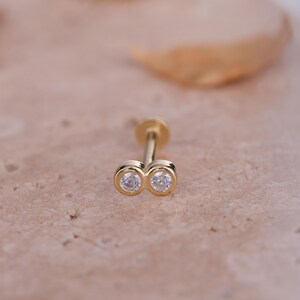 Gold Double Stone Cartilage Earring - Minimalist Flat Back Tragus Jewelry - Dainty Handmade Ear Stud - Unique Gift for Her