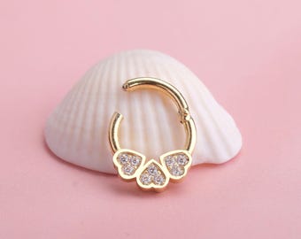Gold Triple Heart Septum Ring: Dainty Cartilage Hoop