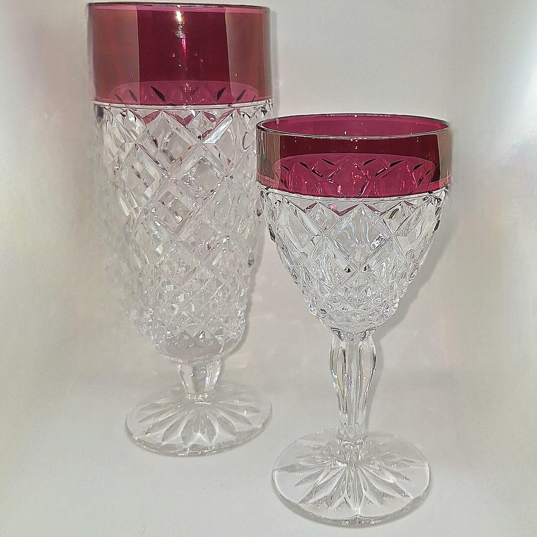 Crystal Diamond Cut Drinking Glass Sets of 2 Regency Ruby by Christopher Stuart, Water and Wine ...