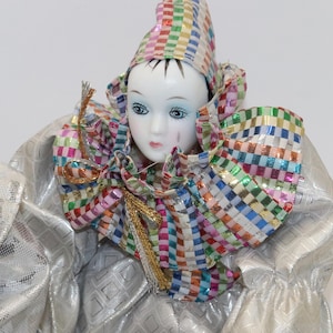 Porcelain Clown Doll, Harlequin, Jester with Colorful Costume
