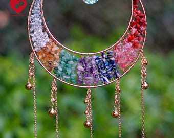 Crystal Crescent Moon Wind Chime – Chakra Gemstone Suncatcher with Agate Dangles, Boho Rainbow Hanging Decor, Spiritual Gift for Her
