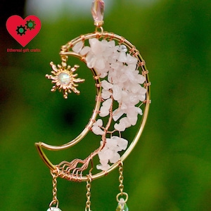 Pink Crystal Moon Wind Chime – Handmade Boho Window Hanging, Spiritual Healing Suncatcher for Garden, Bedroom or Gift