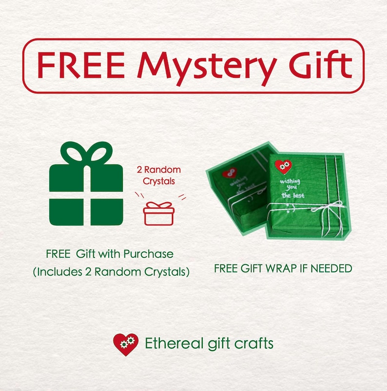 May include: An advertisement for a free mystery gift. The image shows a green gift box, two wrapped presents, and text that reads "FREE Mystery Gift." The text also mentions "2 Random Crystals" and "FREE GIFT WRAP IF NEEDED."