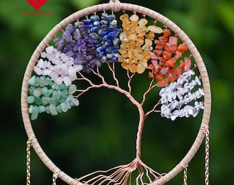Atrapasol y carillón de viento del Árbol de la Vida de Cristal Arcoíris hecho a mano: decoración bohemia para ventanas, regalo personalizable para el hogar, el jardín o para mamá.