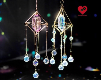 Atrapasueños de media luna con cristal, Creador de arcoíris, Decoración de ventanas, Atrapasueños bohemio, Decoración colgante para el hogar