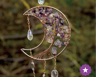 Handmade Crystal Moon Suncatcher Crescent Moon Window Hanging with Natural Gemstones, Boho Decor, Amethyst Dreamcatcher, Mother’s Day Gift